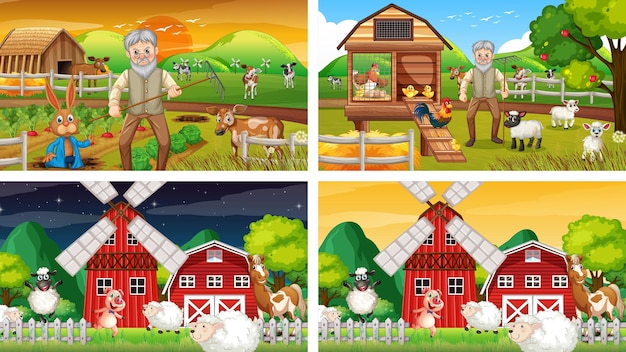 Вектор Различные фермерские сцены со старым фермером и мультипликационным персонажем животных