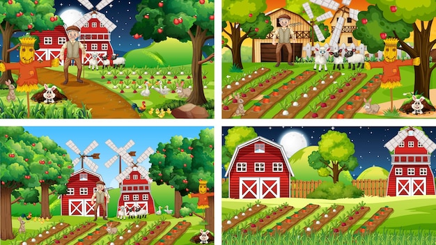 Different farm scenes with old farmer and animal cartoon character