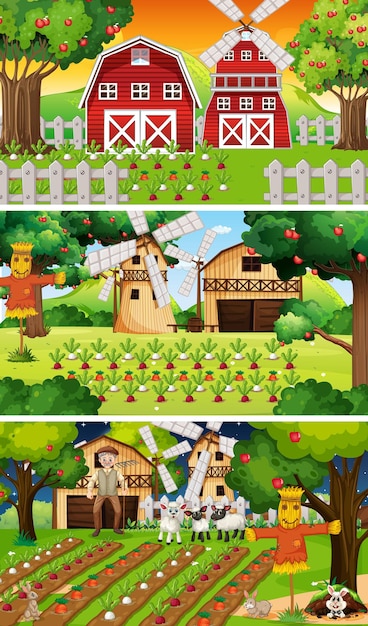 Vector different farm scenes with old farmer and animal cartoon character