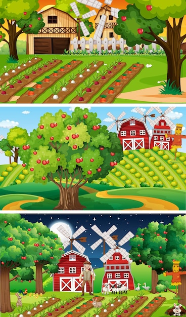 Different farm scenes with old farmer and animal cartoon character