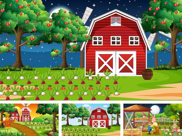 Different farm scenes with old farmer and animal cartoon character