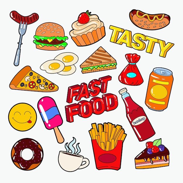 Different fast food doodle isolated on white