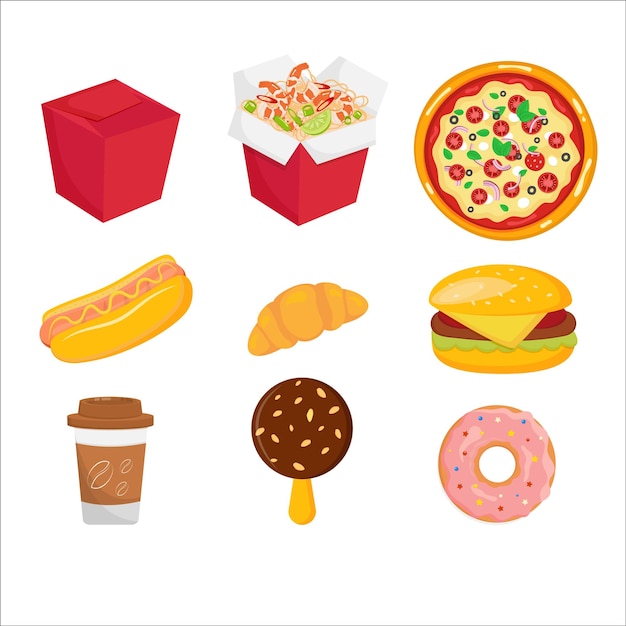 Different fast food set. Vector illustration.