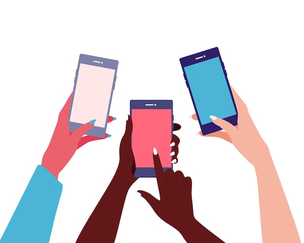 Different female nationality hands hold mobile phones and their fingers are touching screens.