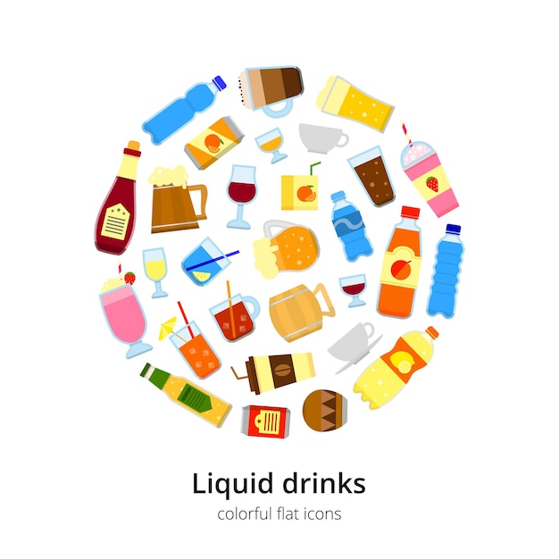 Different flat liquid drinks in circle