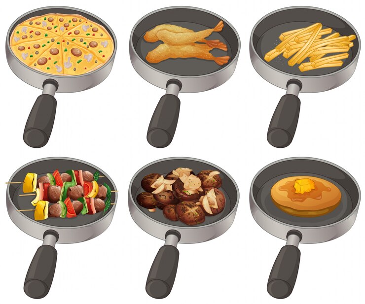 Vector different food in the frying pan illustration
