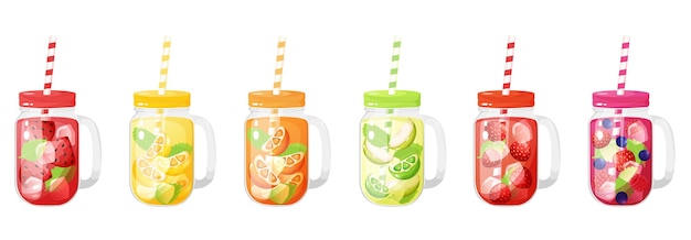 Vector different fruits and berries cold drinks in a glass jar with cap and straw