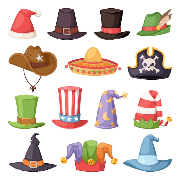 Diversi buffi cappelli per festa e vacanze in maschera vettoriale