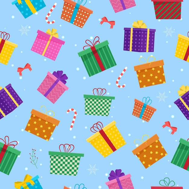 Different gift boxes seamless pattern. New year gifts