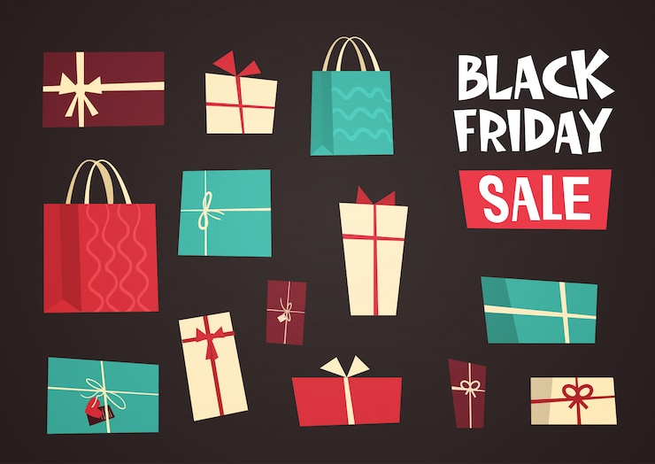 Vector different gift boxes with black friday sale text