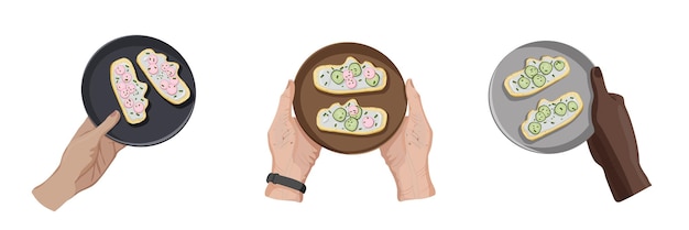 Разные руки берут тарелки с различными веганскими бутербродами. Результат совместного приготовления
