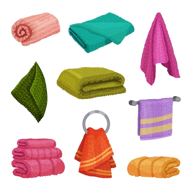 Vector different hanging and folded towels for kitchen and bathroom vector set soft textile for drying concept