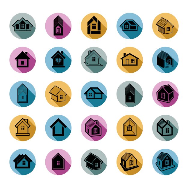 Different houses icons for use in graphic design, set of mansion conceptual symbols, vector abstract property images. real estate business abstract emblems collection.