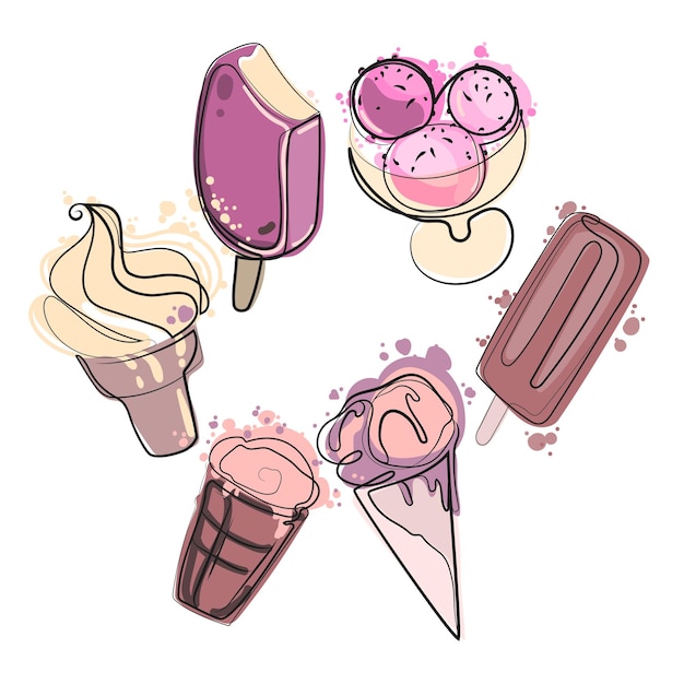 Different ice cream types set of ice cream Sketch style vector illustration for cafe menu