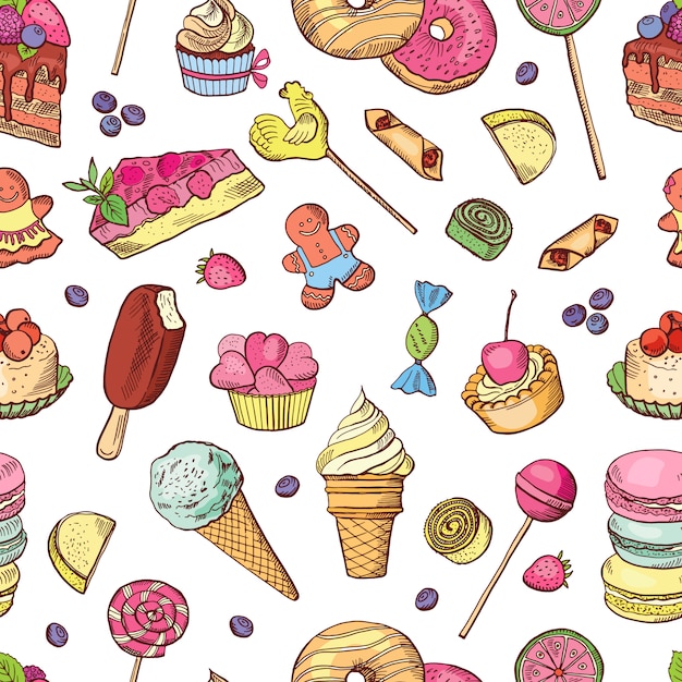 Vector different ice creams illustrations. vector seamless pattern. chocolate and waffle ice-cream pattern background