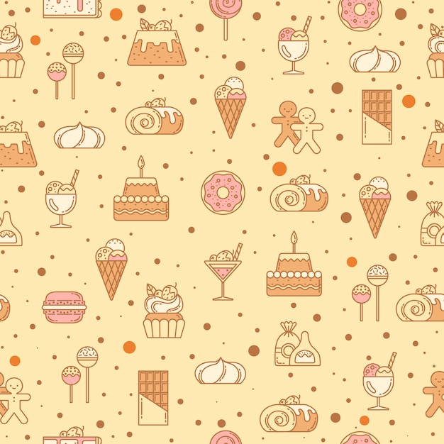 Different ice creams illustrations. Vector seamless pattern. Chocolate and waffle ice-cream pattern background