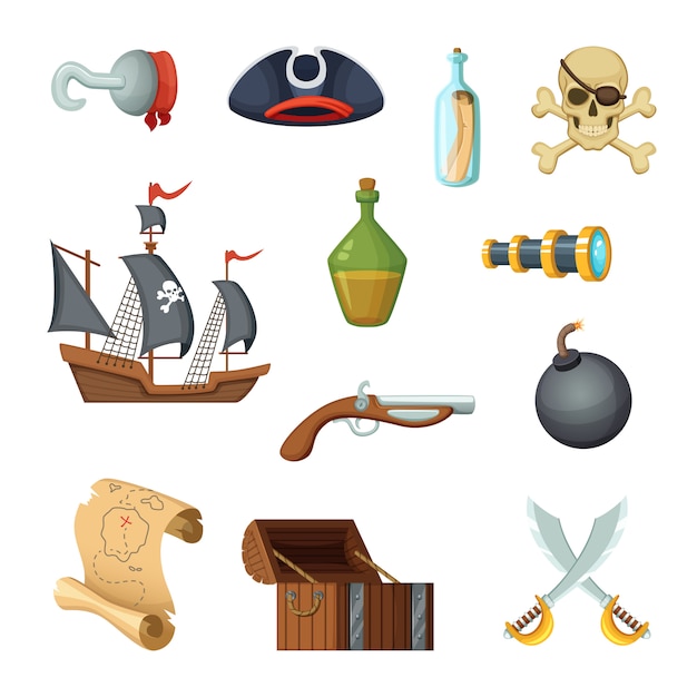 Vector different icon set of pirate theme. skull, treasure map, battle ship of corsair and other objects in vector style