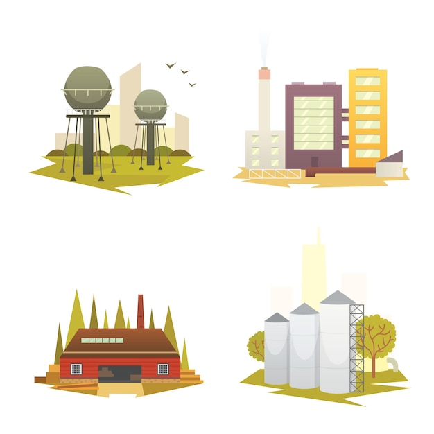 Different industrial factory buildings and plants industrial city construction set vector illustrations