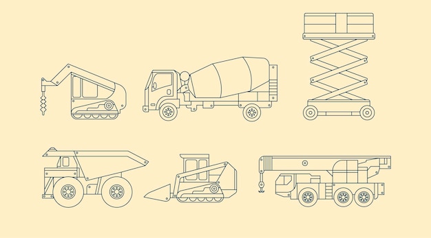 Vector different industrial vehicles in outline design