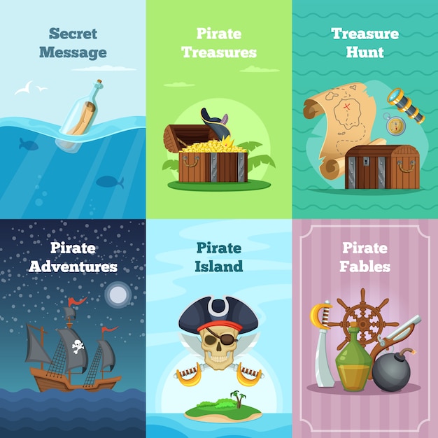 Different invitation cards of pirate theme. Vector illustrations with place for your text. Pirate card hunt treasure and adventure