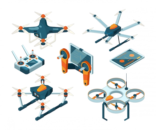 Different isometric drones and quadcopters