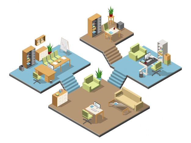Different isometric modern offices with furniture