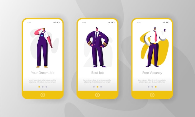Set di schermo a bordo pagina di app per dispositivi mobili di carattere vacante di professione di lavoro diverso.