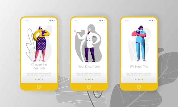 Vettore set di schermo a bordo di pagina di app per dispositivi mobili di carattere di opportunità di assunzione di offerte di lavoro diverse.