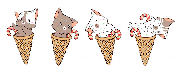 Diverso gatto kawaii all'interno del cono gelato