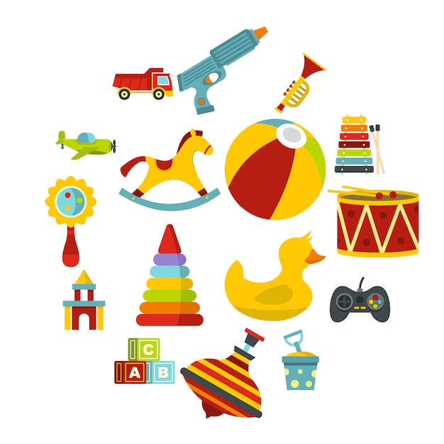 Vector different kids toys icons set in flat style