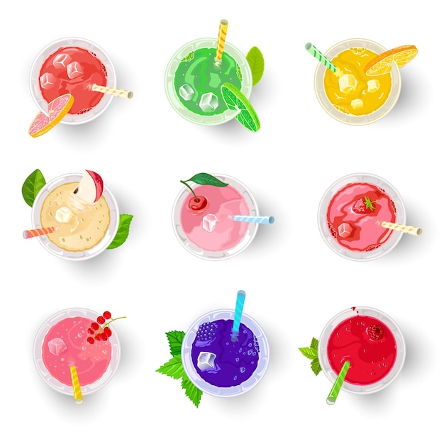 Vettore diversi tipi di bevande analcoliche multicolori ai frutti di bosco e alla frutta