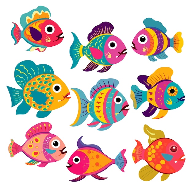 Different kinds of cartoon stylish colorful fish collection sea life for aquarium clip art nurser