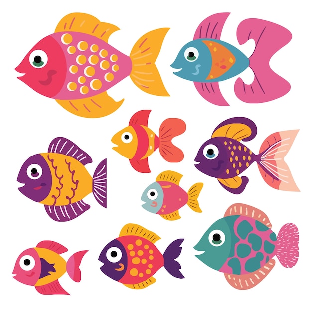 Vector different kinds of cartoon stylish colorful fish collection sea life for aquarium clip art nurser