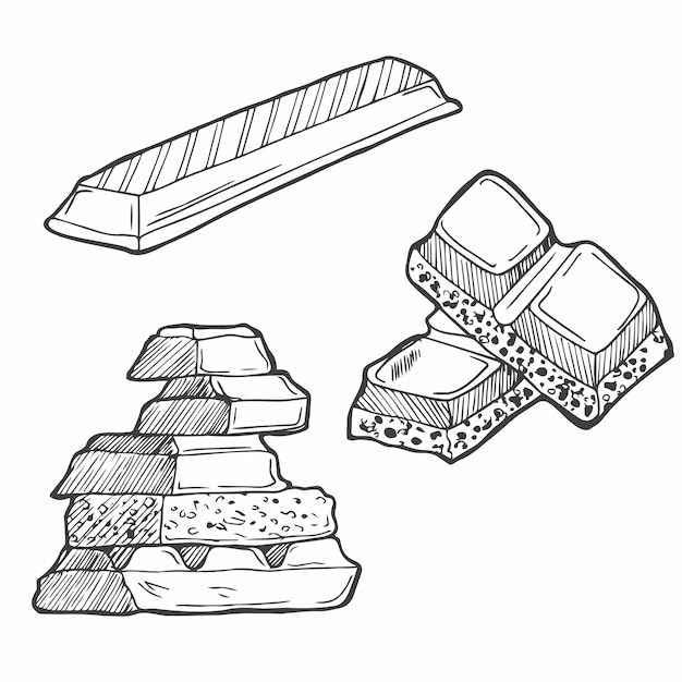 Vettore diversi tipi di illustrazione vettoriale di cioccolato disegnate barrette di ciaccolato caramelle patatine e porosi