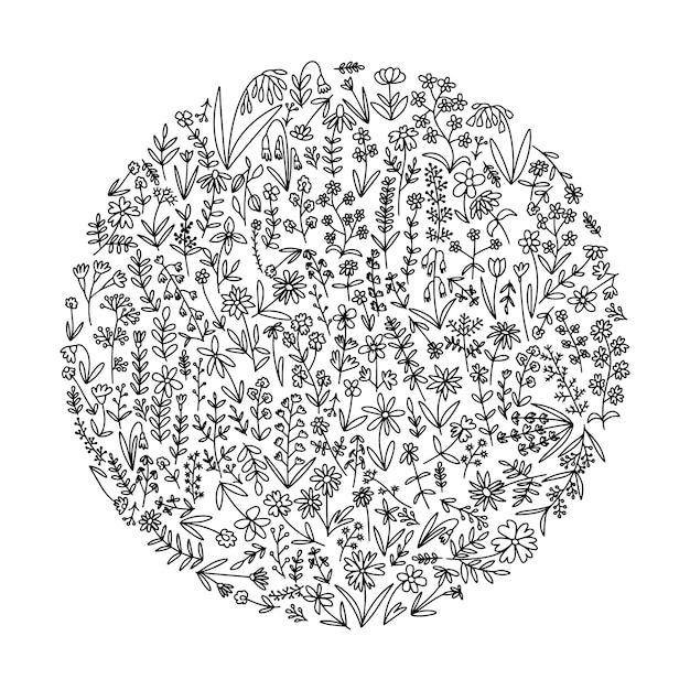 Different kinds of flowers set in round shape Hand drawn many flowers doodle set