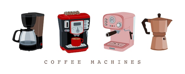 Different making coffee equipment set. Hand drawing coffee makers and machines for brewing hot drink