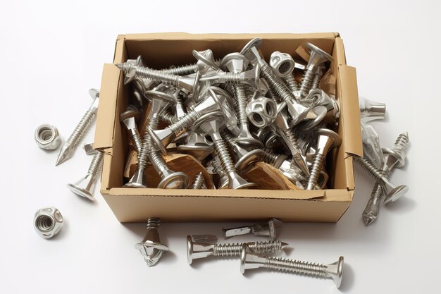 Different metal bolts and nuts on white background top view