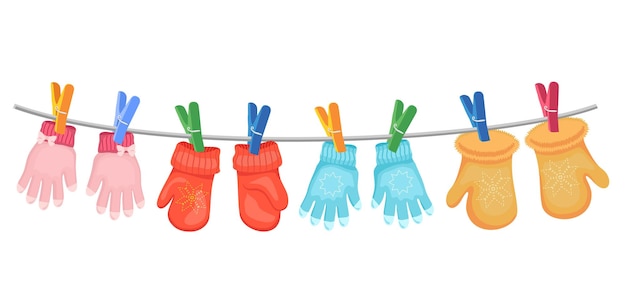 Different mittens hanging on the rope set Wool winter glovesmittens dry and hang on laundry string