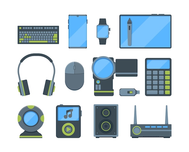 벡터 다른 현대 전자 가제트 플랫 s 세트. 컴퓨터 마우스 및 키보드, 웹캠, 헤드폰.
