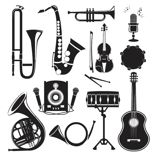 Vector different monochrome pictures of musical instruments isolated on white