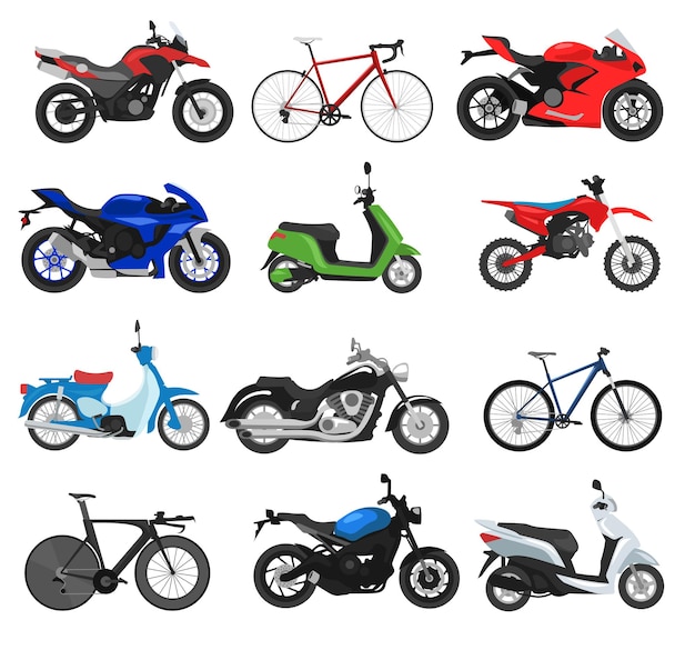 Different motorbikes and cycles flat illustrations set