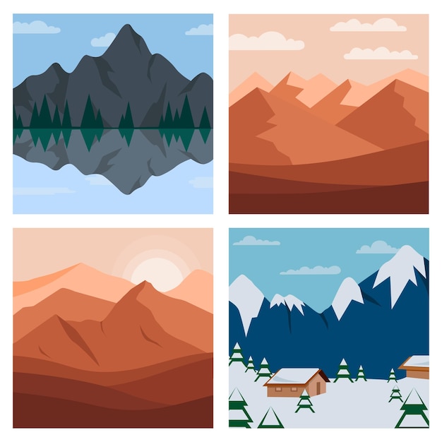 Different  mountains landscape set  illustration.  mountain and forest with hills and trees illustration.