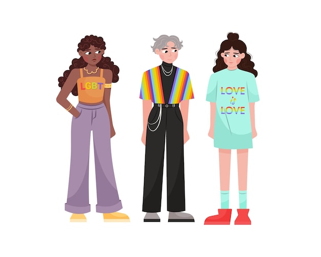 Different multinational women supporting lgbt community group of lesbian activists pride parade against violence and discrimination vector flat illustration on white background