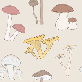Seamless pattern di diversi funghi. funghi disegnati a mano armillaria, blewits, porcini, finferli. modello illustrazione colorata.