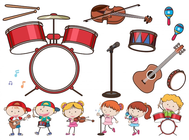 Different musical instruments and kids