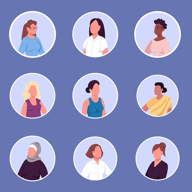 Vector different nationalities women flat color faceless characters icons set