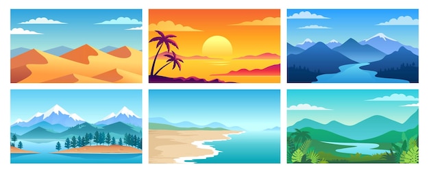 Different nature landscape colorful vector illustration set