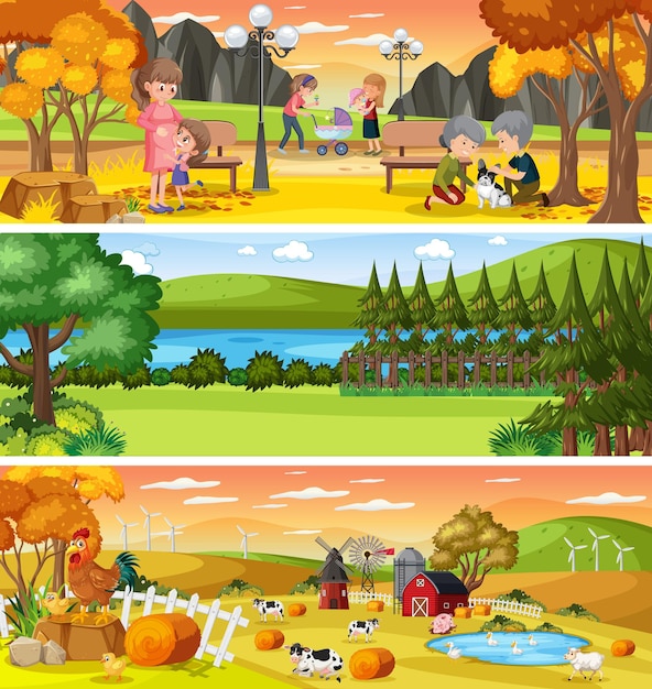 Different nature landscape at daytime scene with cartoon character