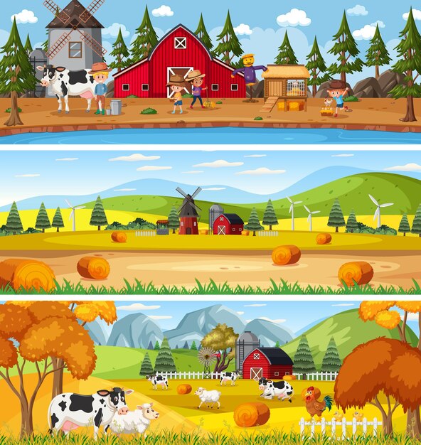 Vector different nature landscape at daytime scene with cartoon character