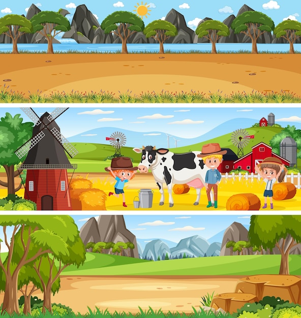 Different nature landscape at daytime scene with cartoon character